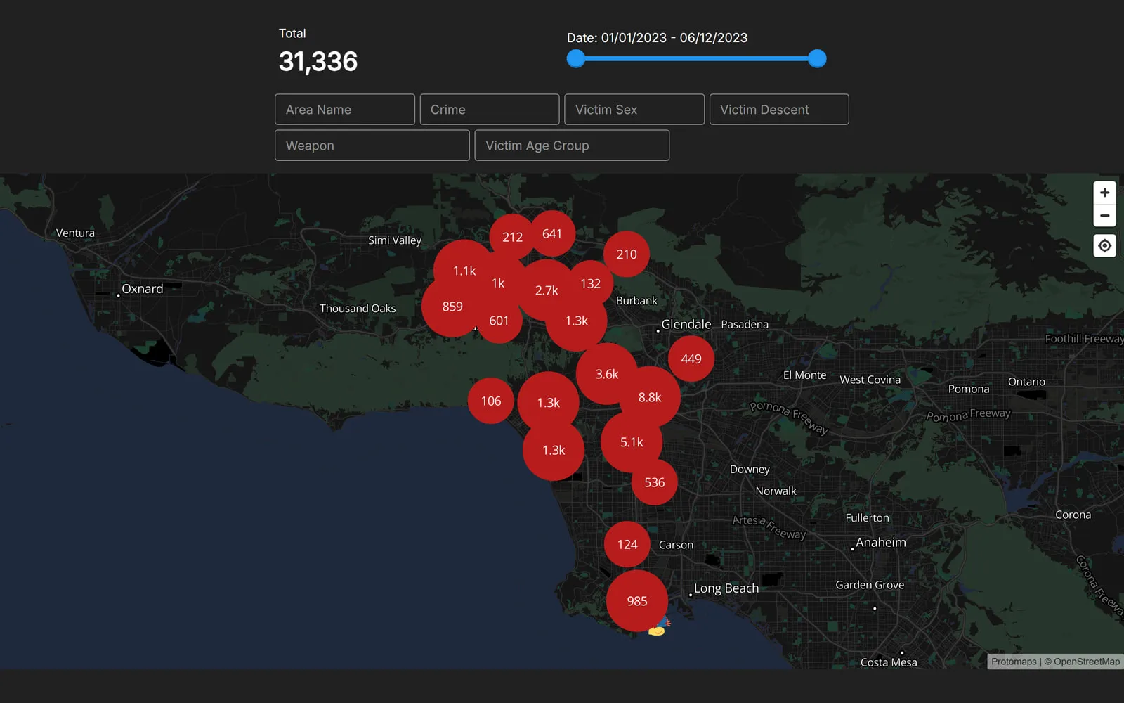 Published crime-map story with filters, a running total, and a ranked breakdown