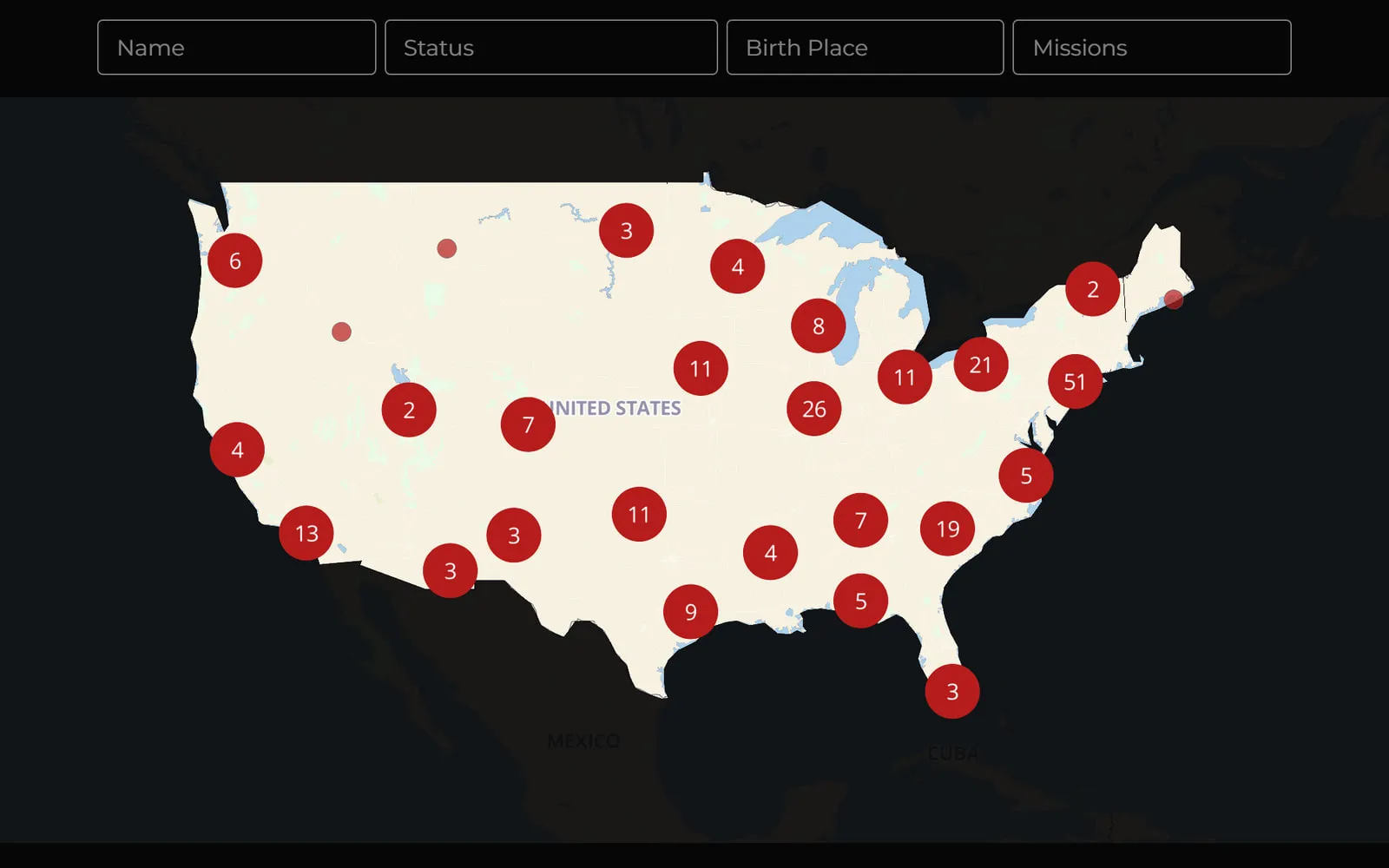 Published NASA astronauts story with name, status, birthplace, and mission filters above a map of astronaut birthplaces