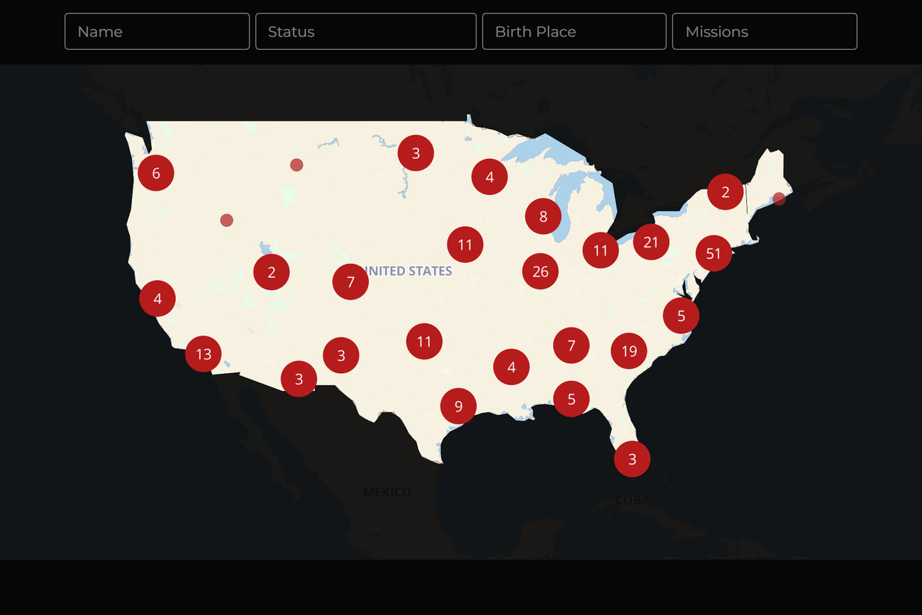 The published NASA astronauts story, with name, status, birthplace, and mission filters above a map of where astronauts were born