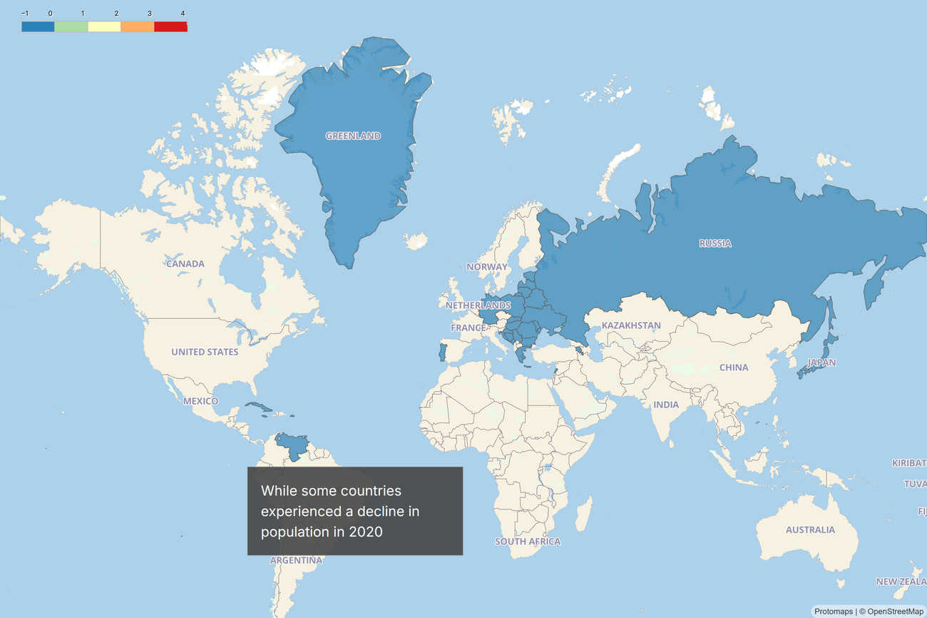 A published Simpler Story world map with an annotation explaining that some countries saw their population decline in 2020